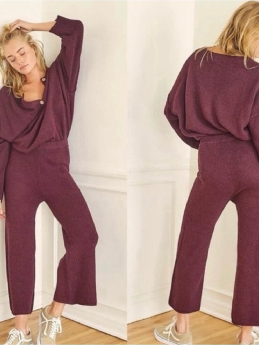 Free People Beach Hailee Waffle Knit Wide Leg Pants Mulberry Medium